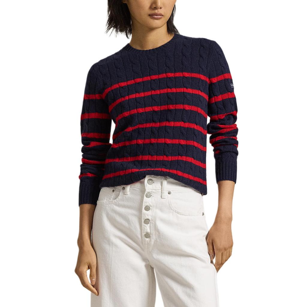 Polo Ralph Lauren FW24 Pulover cu gât rotund, tricotat în coșuri cu dungi, pentru femei, albastru, roșu WMPOSWENC021097-410