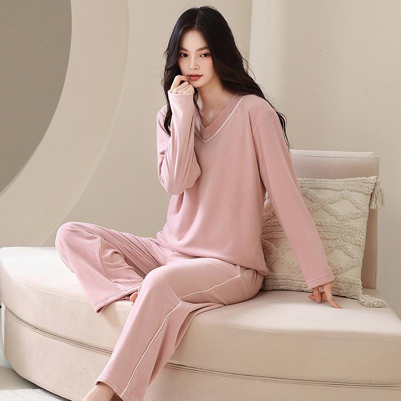 Island fleece pajamas women's autumn and winter thin fleece can be worn outside the new women's high-end V-neck thickened coral fleece loungewear