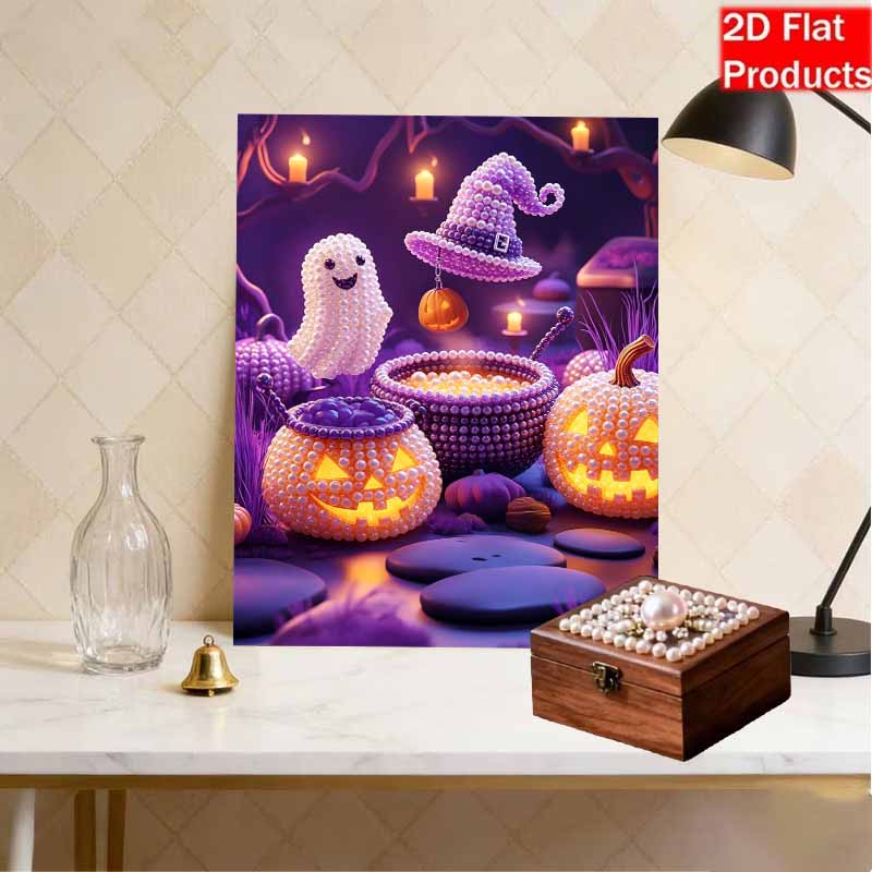 DIY Frameless Pearl Bead Painting Kit Halloween Theme Sparkling Canvas Art Creative Gift for Craft Lovers