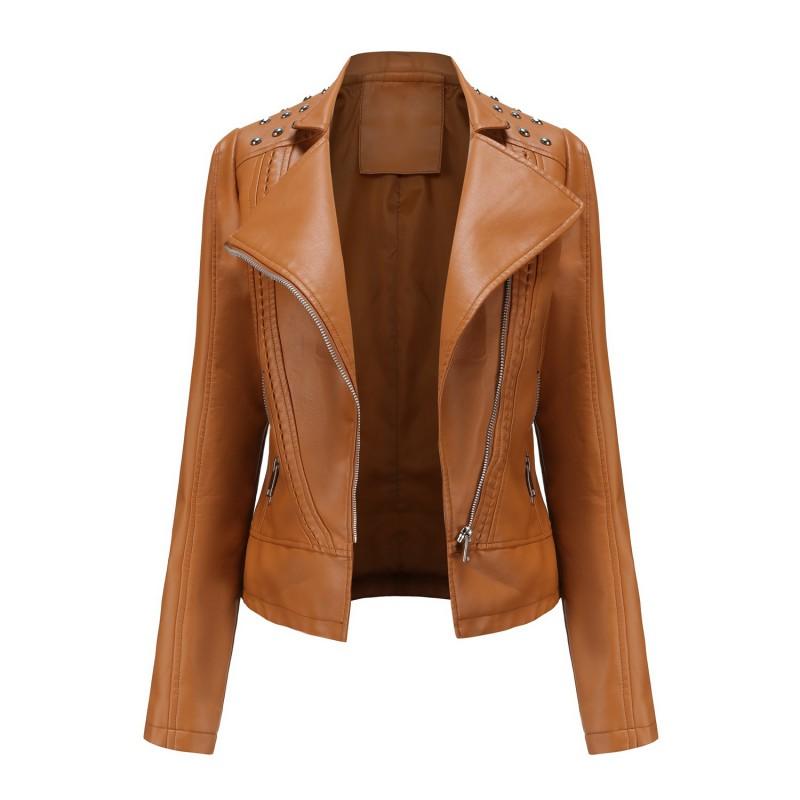 Womens PU Leather Jacket Street Style Casual Coat With Rhinestone Detail Long Sleeve Zipper Front