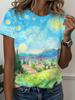Women's Van Gogh Inspired Starry Night Landscape Print Short Sleeve T-Shirt | Artistic Casual Top