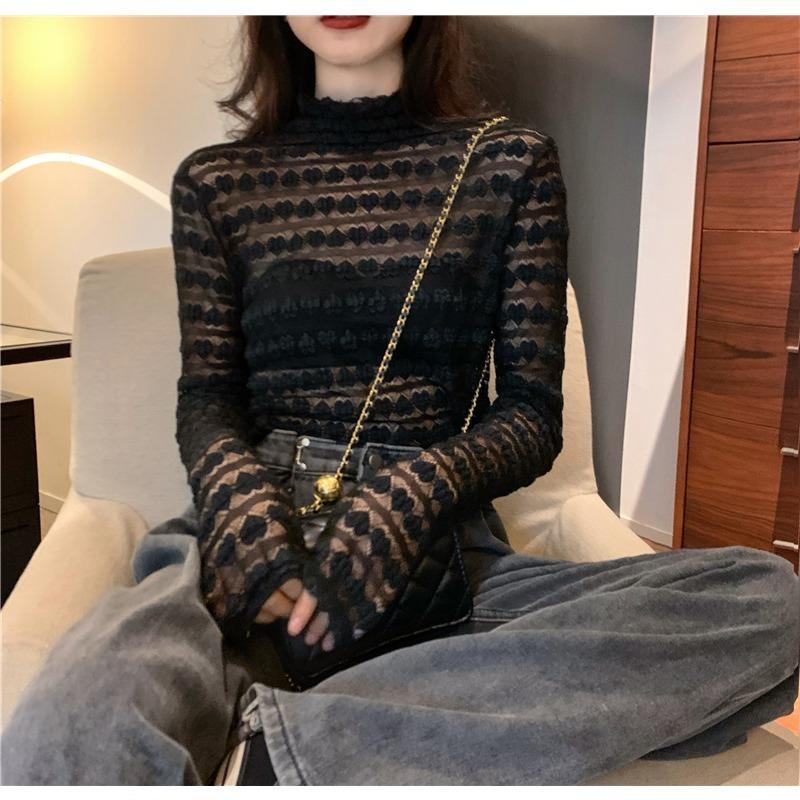 

Весенняя новая сетчатая кружевная базовая рубашка в Корейском стиле, однотонная базовая рубашка с полувысоким воротником и полым воротником One Size чёрный