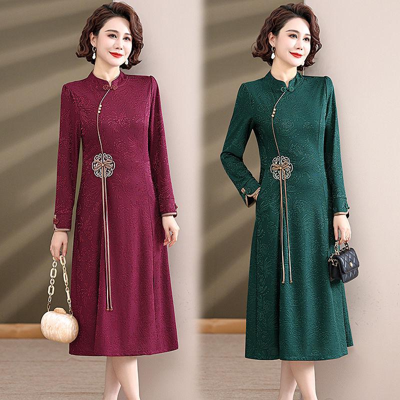 2024 Spring & Autumn Middle-Aged Women's Chinese Cheongsam Dress - Elegant Evening and Casual Style