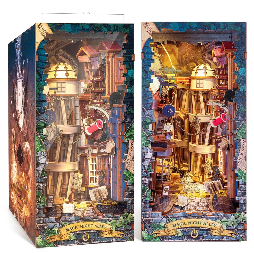 FUNPOLA 3D Puzzle Booknook Kit Knižní zarážka Dřevěné puzzle DIY Miniaturní domeček pro panenky s LED světlem Držák na polici Knižní zarážka Vystavení Řemeslná sada pro děti a