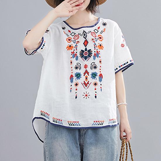 T-shirt Embroidered Loose National Style Ladies Short Sleeve Oversize Blouse