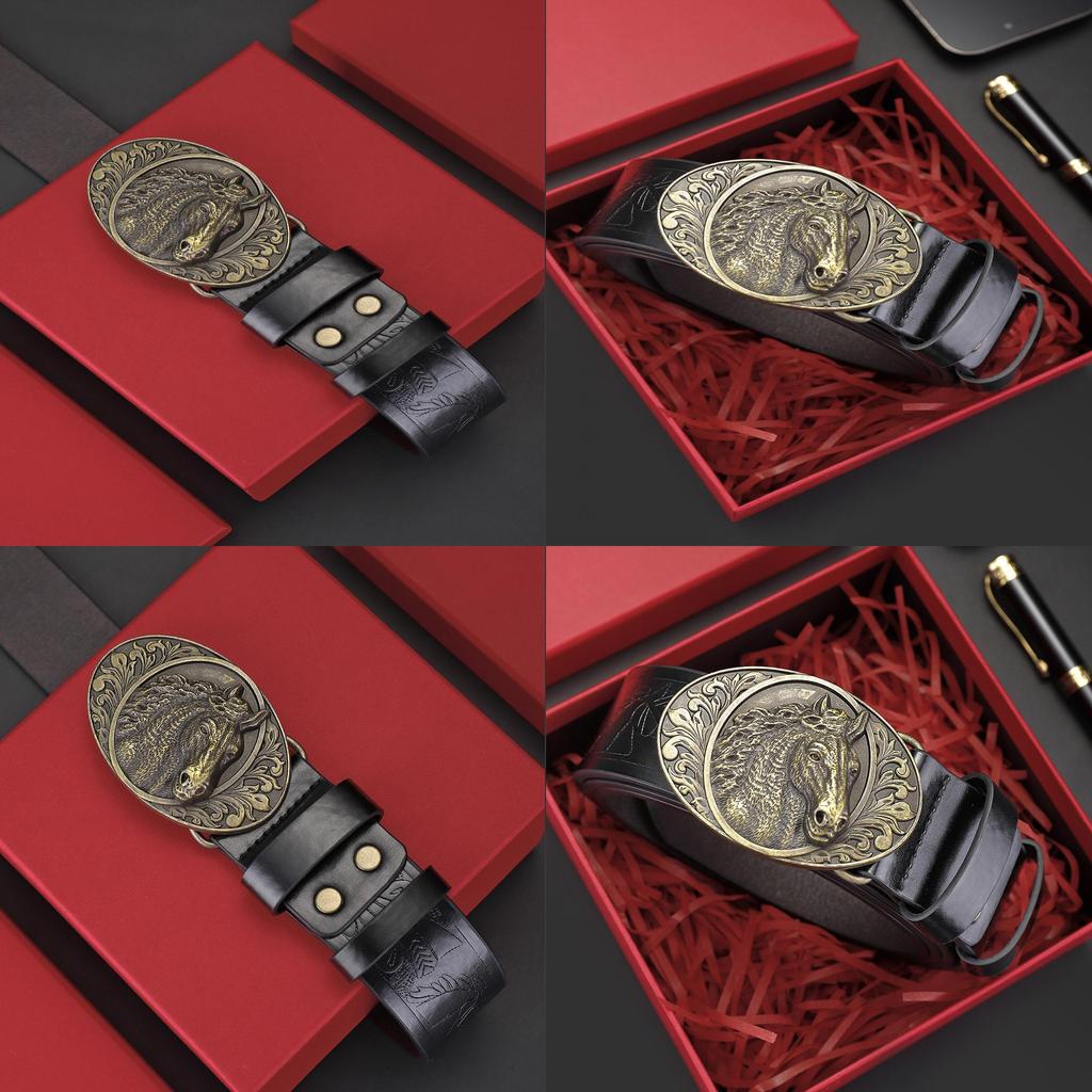 Men's Horse Head Belt Twelve Zodiac Trendy Fashion New Casual Versatile Men's Belt Automatic Buckle Waist Seal Pu Leather Alloy Buckle