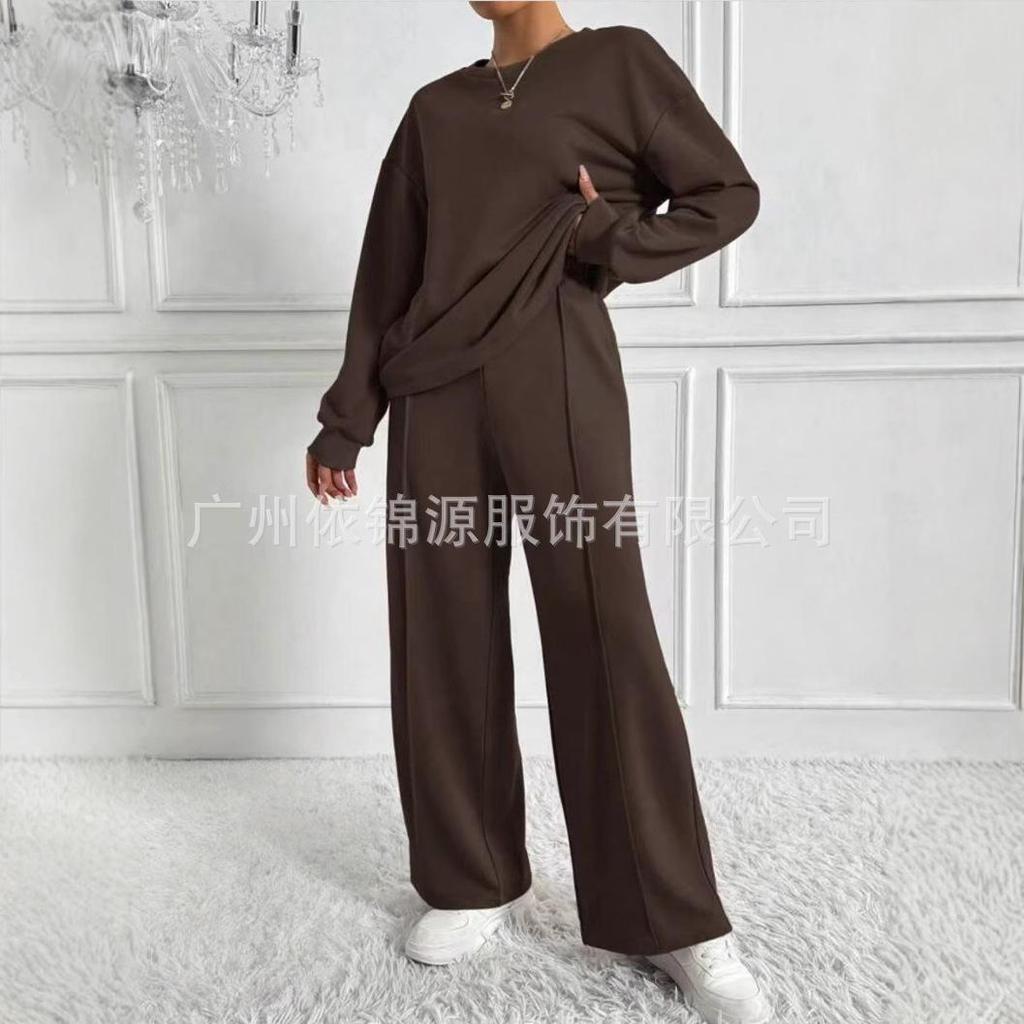 Light Grey Ribbed Knit Loungewear Set with Wide Leg Pants