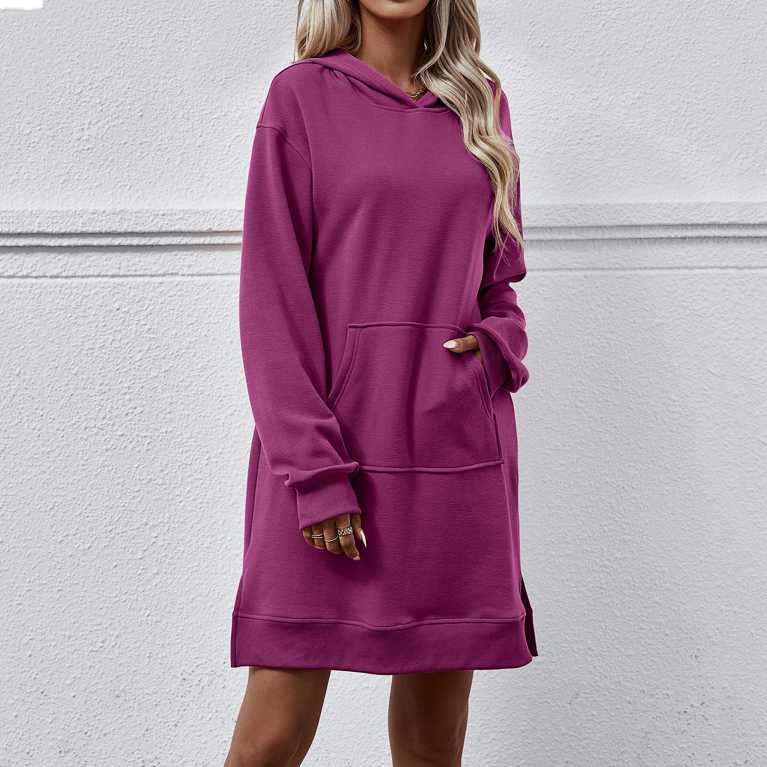 

Женская мода с длинным рукавом с капюшоном и большим карманом с разрезом, длинные платья-толстовки XL фиолетовый