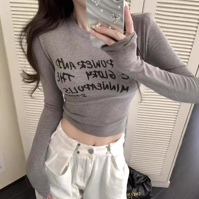 Ladies Autumn Fasshion Long Sleeve Crew Neck Slim Fit Basic Letter Printed Pullover T Shirt Crop Top for Layering