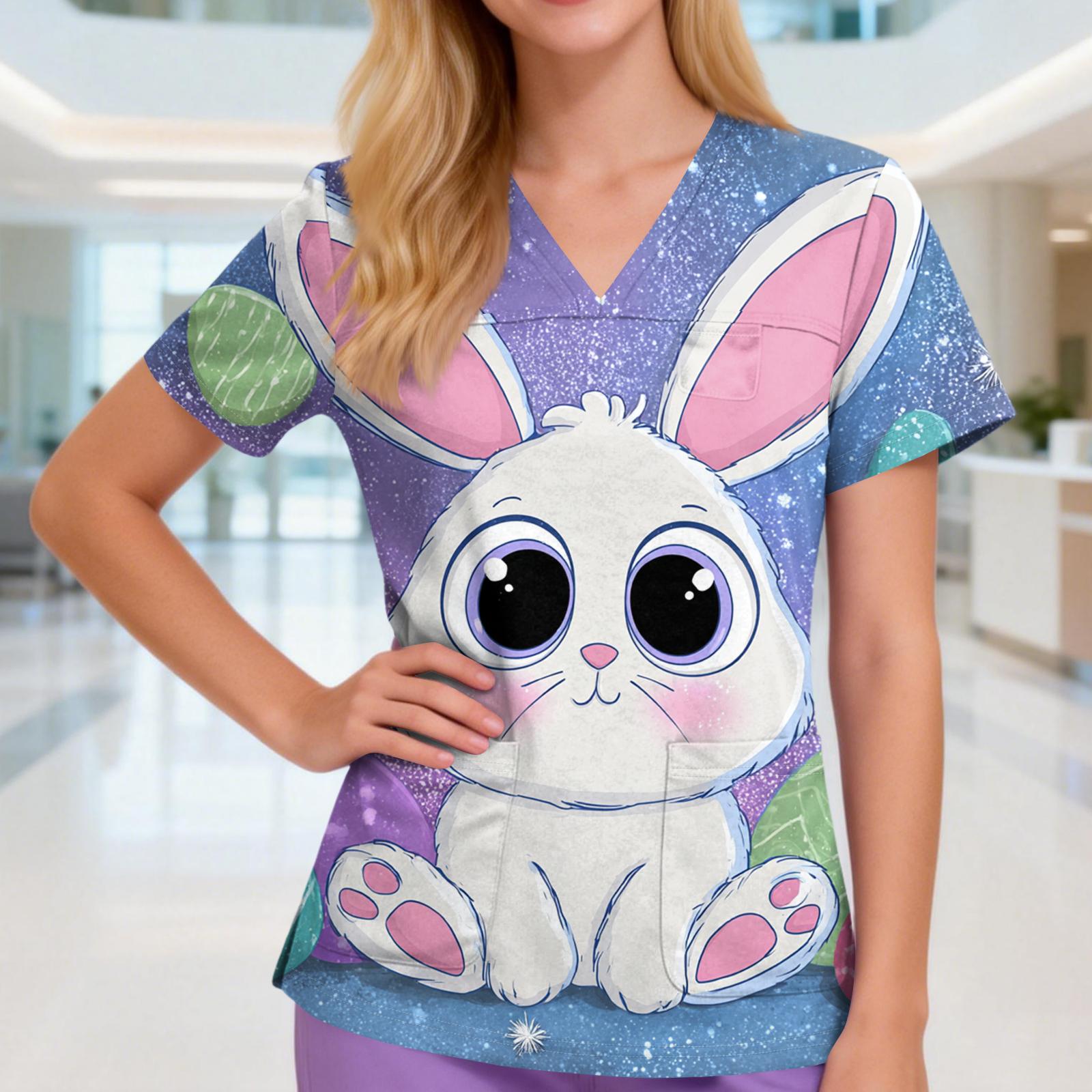 

Women s V-neck Three-pocket Short-sleeved Easter Print Uniform/caregiver Top With Slits At The Hem S рожевий