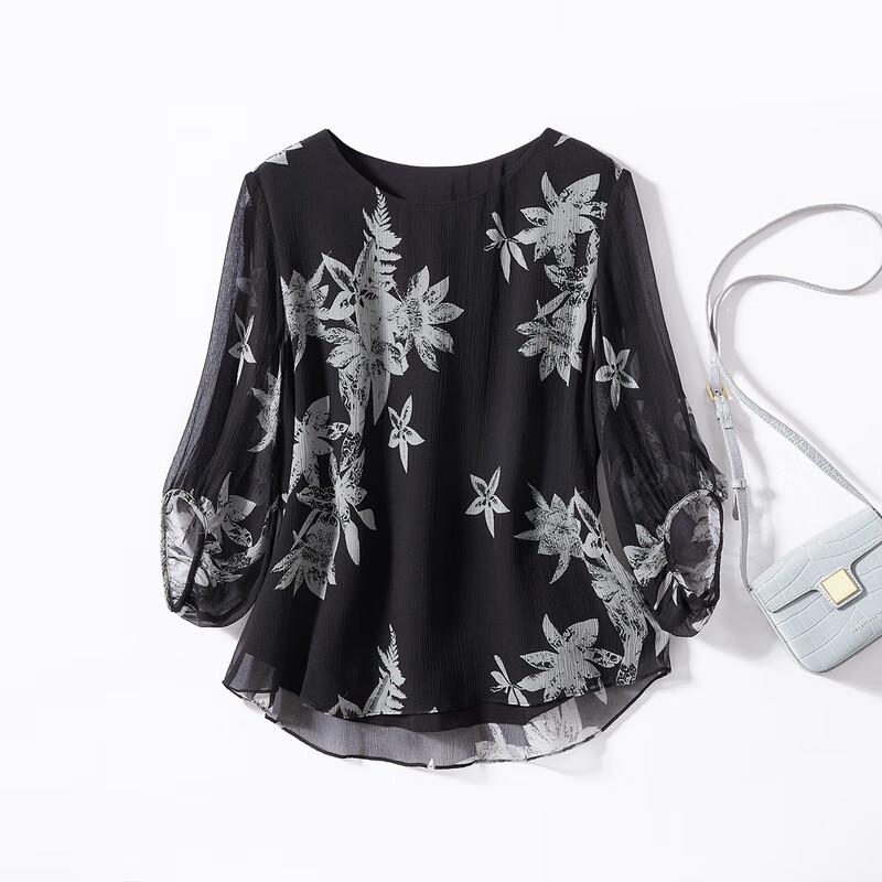Jinjv Women s 100% Mulberry Silk Leaf Print Round Neck Seven-Sleeve Top XXL