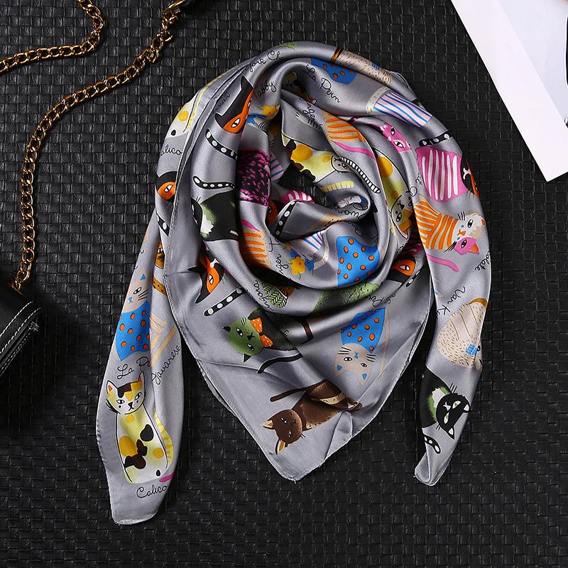 Luxury Cat Silk Shawl Square Scarf For Women Satin Hijab Fashion Wraps Female Hair Bands Ribbon Headband Bandana
