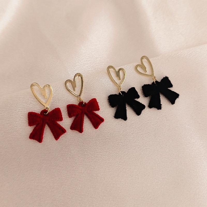 Red Flocking Bow Earrings Love Stud Earrings Sweet Earrings Women