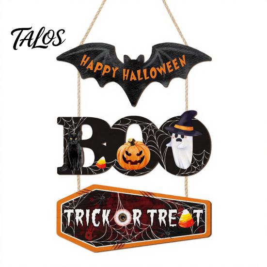 Outdoor Halloween Door Decor Happy Wooden Sign, Cute Bat Ghost Pumpkin Boo Hanger, Trick Hanging Ornament or Treat Wall Sign for Party, Front