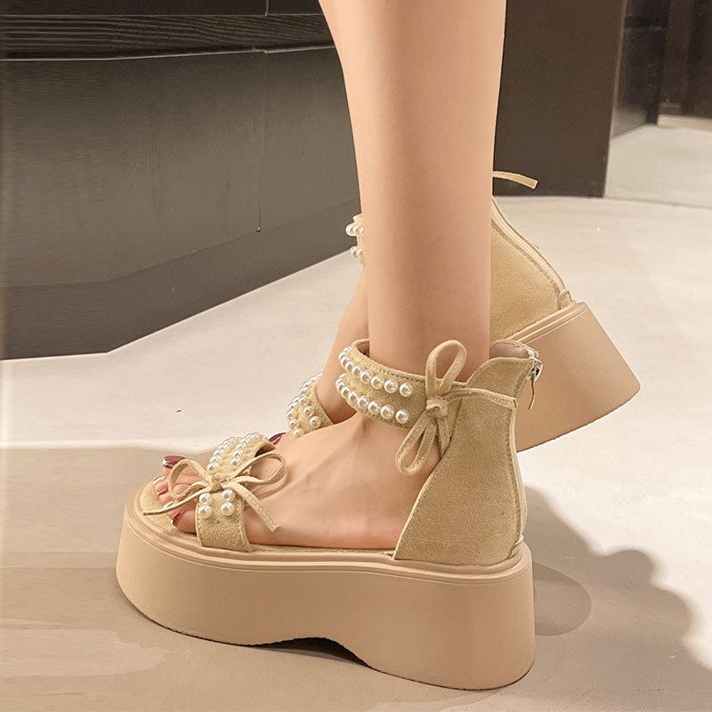 With skirt Roman sandals ins tide 2025 spring and summer new fashion pearl platform sandals fairy style