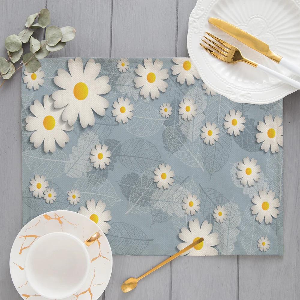 Morandi Floral Sunflower Printing Linen Placemat for Dining Table Drink Coaster Home Decoration Modern Kitchen Cup Pads