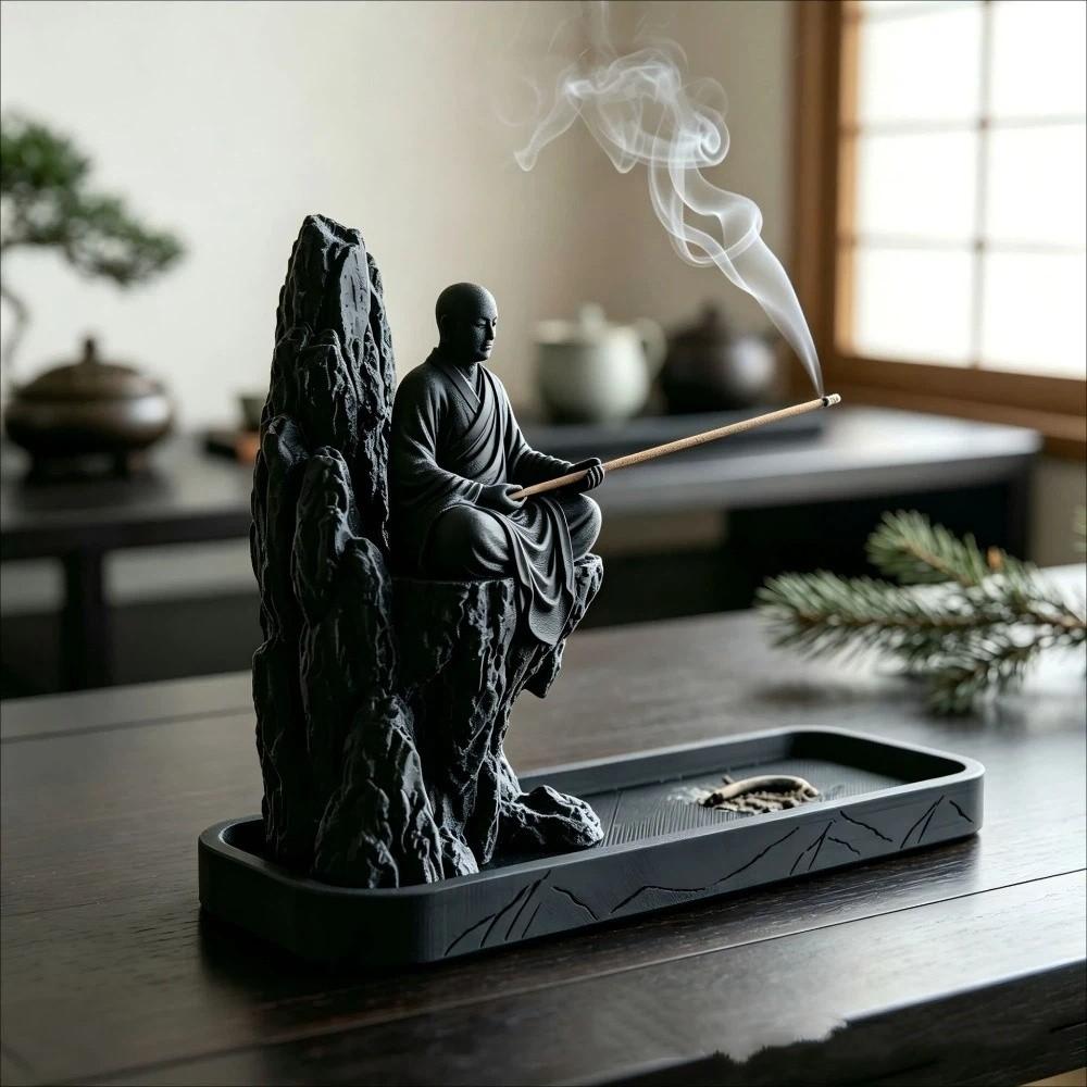 3D Printed Zen Monk Stick Incense Holder Chinese Style Monk Figurine Censer  Indoor Use