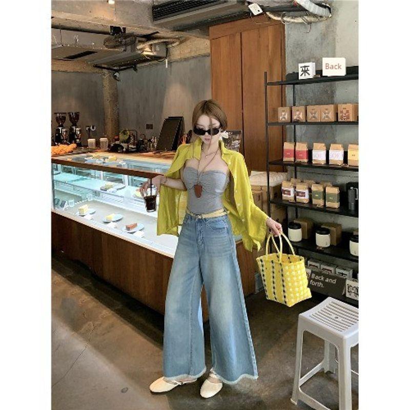 

Kumikumi Retro Distressed Raw Hem High Waist Denim Women s Autumn Loose Washed-out Light Blue Wide Leg Cropped Pants Light Blue L