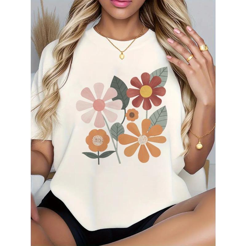 

Женская винтажная футболка с цветочным принтом Розовый Оранжевый Бежевый Белый Серый Черный Ретро Мягкая Всесезонная Удобный крой Универсальная Повседневная Формальная Прочная Модная Верхняя одежда S белый