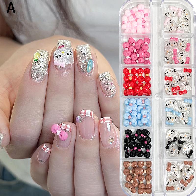 

12-Grid/Box Nail Art Charms 3D Bow Cat Nail Mixed Resin Kawaii Summer Nail Decorations Manicure Parts