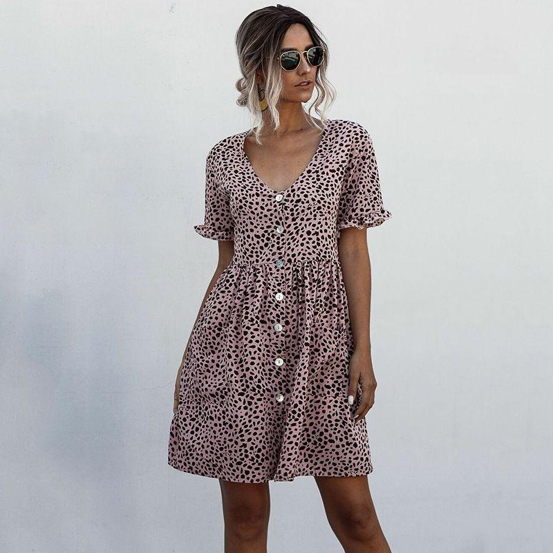 Stylish Women V-neck Holiday Mini Dress Featuring Elegant Polka Dot Design And Pockets