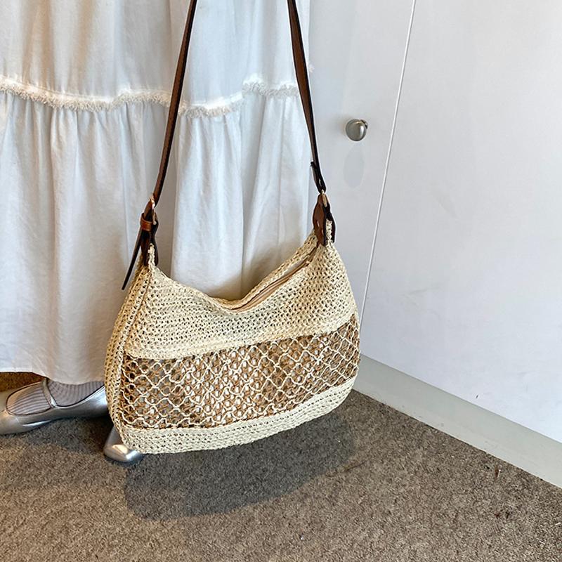 Yogodlns Summer Straw Weaving Shoulder Bag Large Capacity Crochet Beach Handbag Women Handmade Woven Hollow Out Underarm Knitting Bag