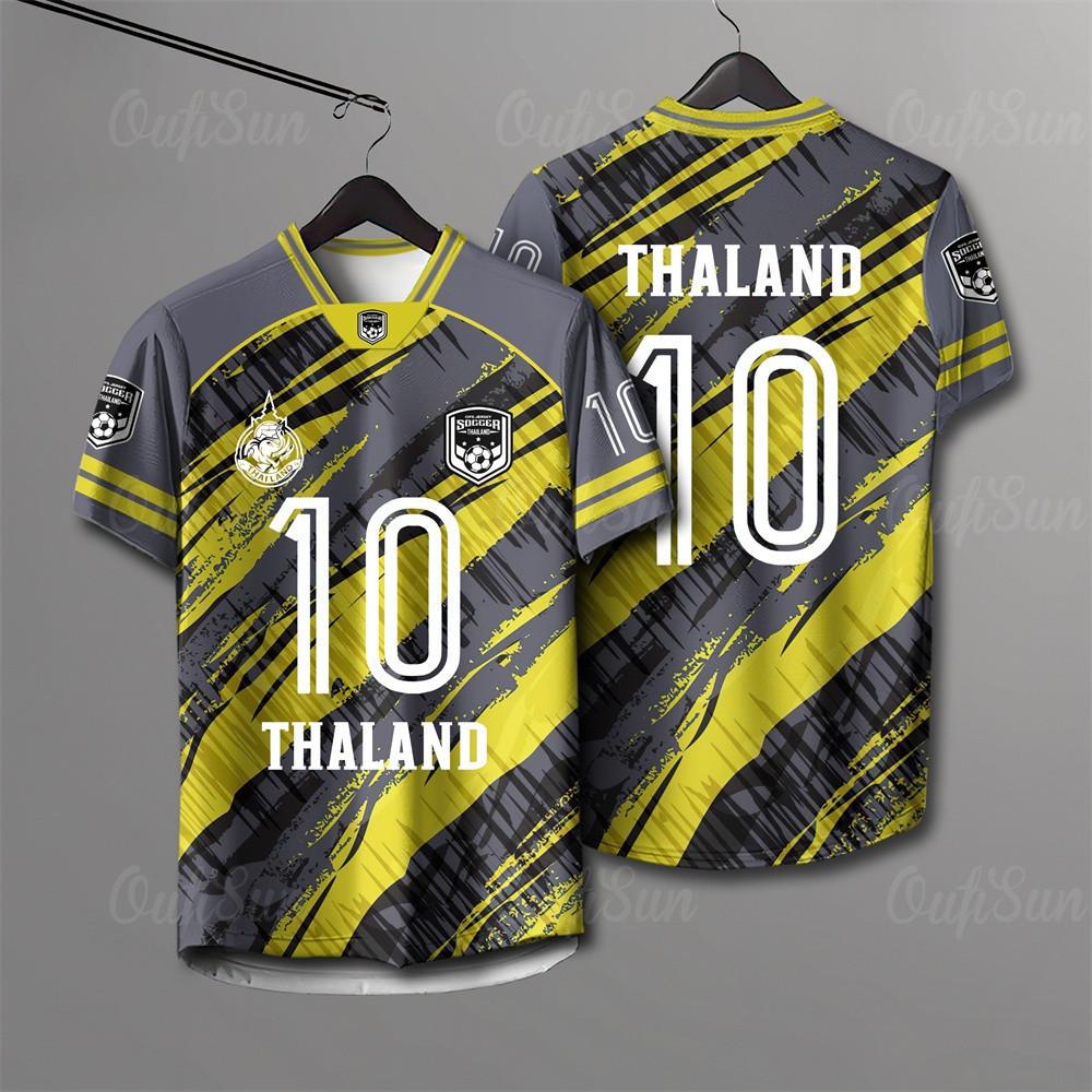 Maglia da tifoso di calcio thailandese Nero Giallo Design a Contrasto Accento con Stemma Nazionale Tessuto a Rete Traspirante Top Sportivi Casual Saldo di Svuotamento