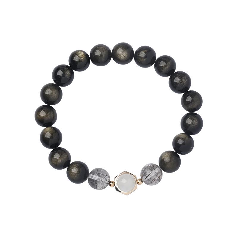 Brățări de cuplu din obsidian cristal natural: Pereche Lucrată Manual de Cuarț Rutilat Negru și Piatră Lunii