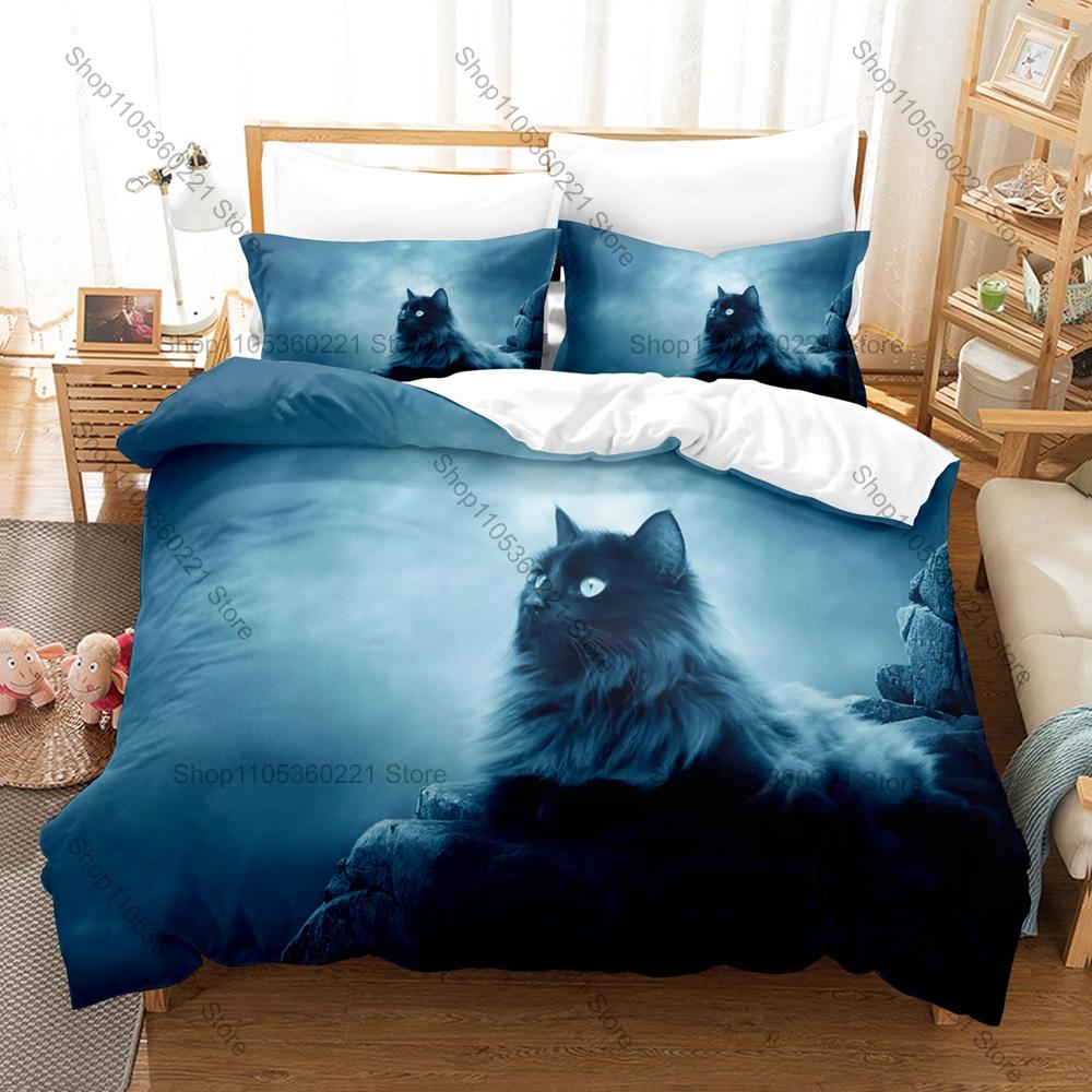 Vintage Sketch Artistic Cat Pattern Duvet Cover + 2 Pillowcases Soft Microfiber Cute Animal Themed Room Bedding