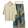 Pajamas Women's Spring and Summer New V-neck Short-sleeved Cotton and Linen Pants European and American Large-size Loungewear Two-piece Set