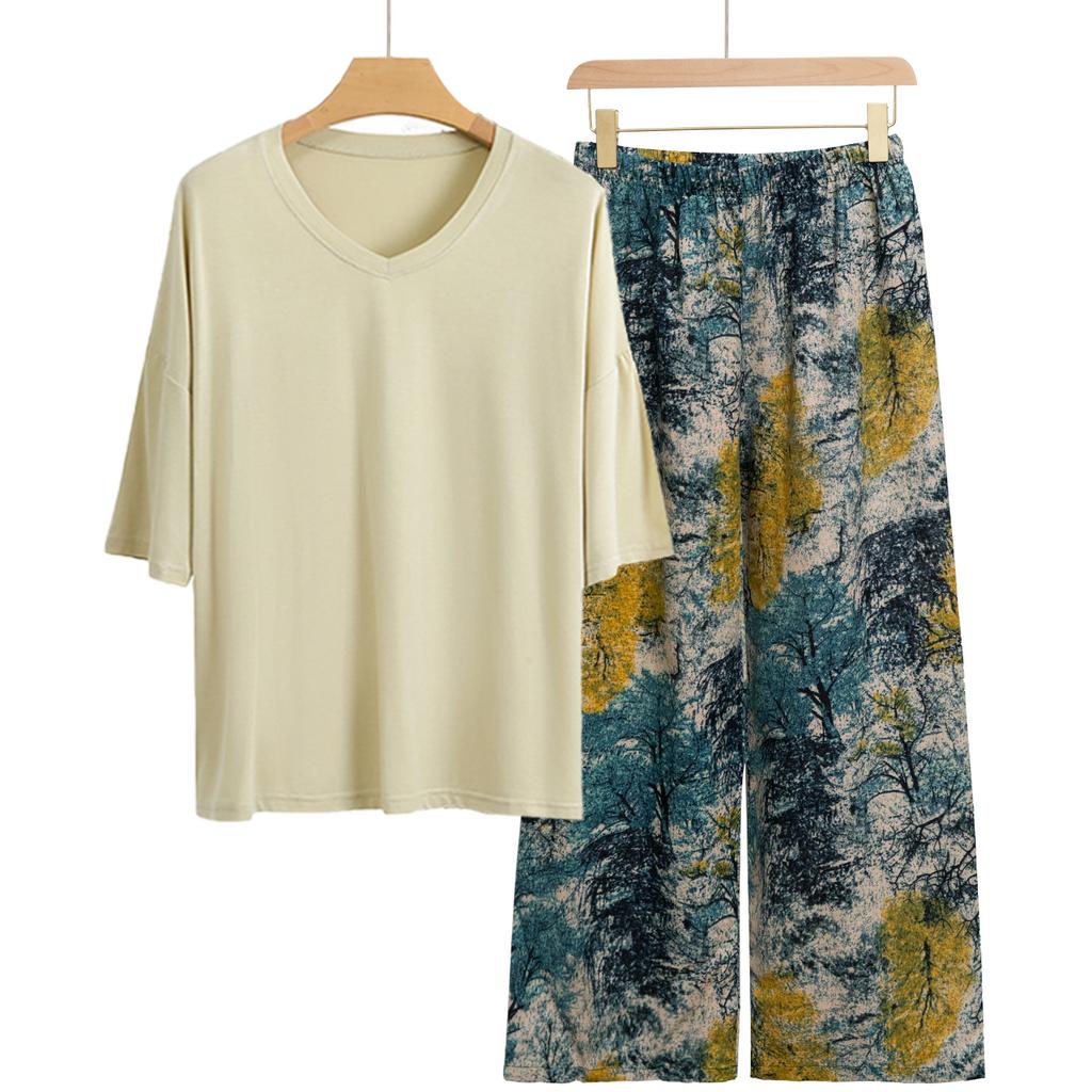 Pajamas Women's Spring and Summer New V-neck Short-sleeved Cotton and Linen Pants European and American Large-size Loungewear Two-piece Set