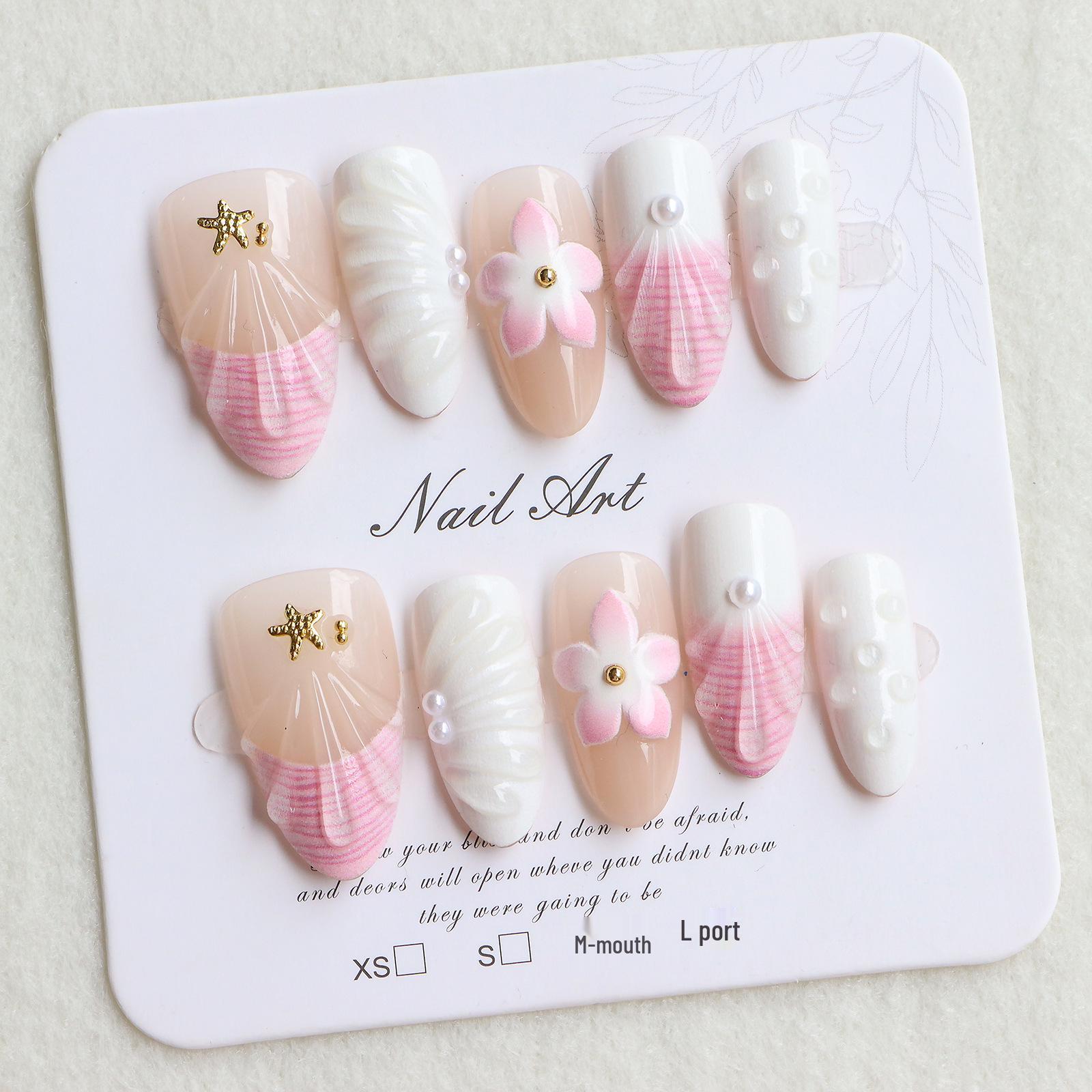 Almond 3D Translucent Cat Eye Nails with Embossed Cherry Shell & Powder Wave Design