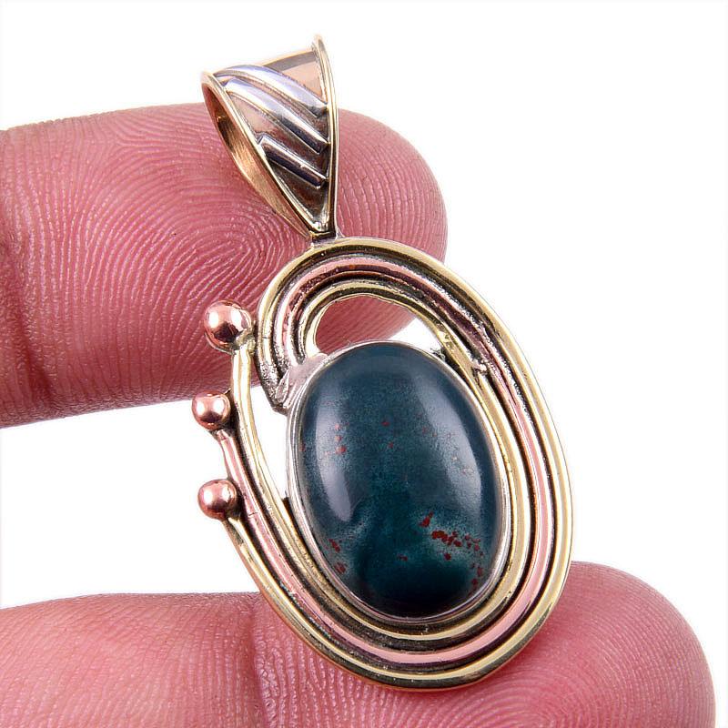 

Natural Bloodstone Gemstone 925 Solid Sterling Silver TwoTone Pendant 1.50 B5H51