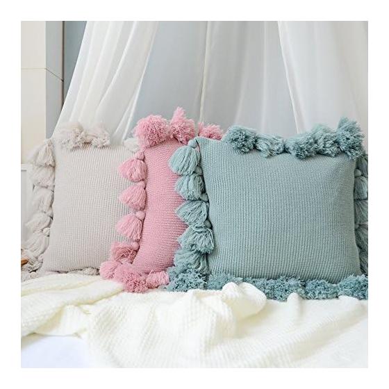 OiseauVoler Knit Cushion Cover Throw Pillow Cover Tassel Body Pillow Cover Interior Office Sofa Room Decoration 45 x 45cm Pink