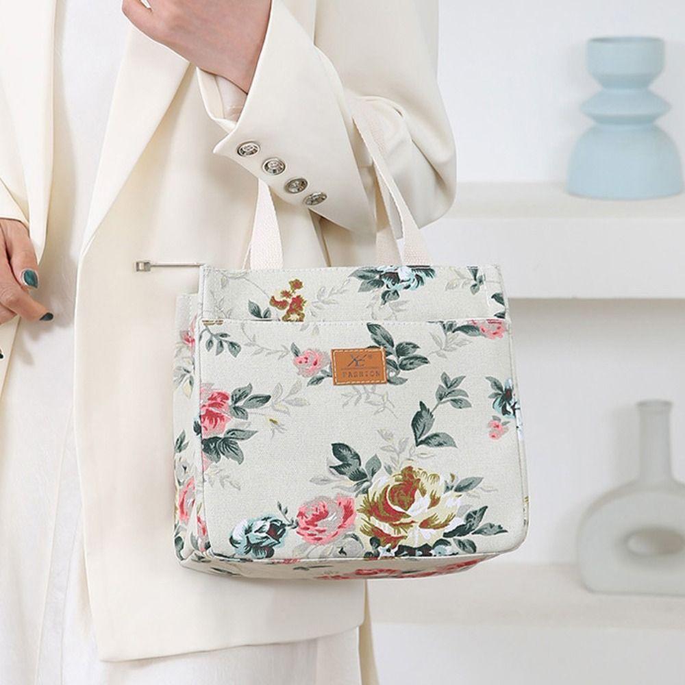 Lunchtasche mit Reißverschluss und Blumendruck, isolierte Handtasche, multifunktionale thermische Picknicktasche für den Außenbereich