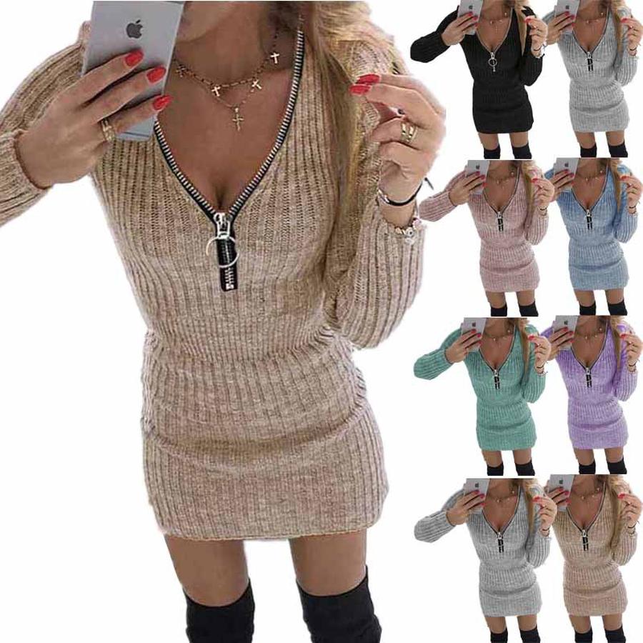 Women's New Dress with Zipper, High-Waisted Long Sleeve Knit Bodycon Mini Dress