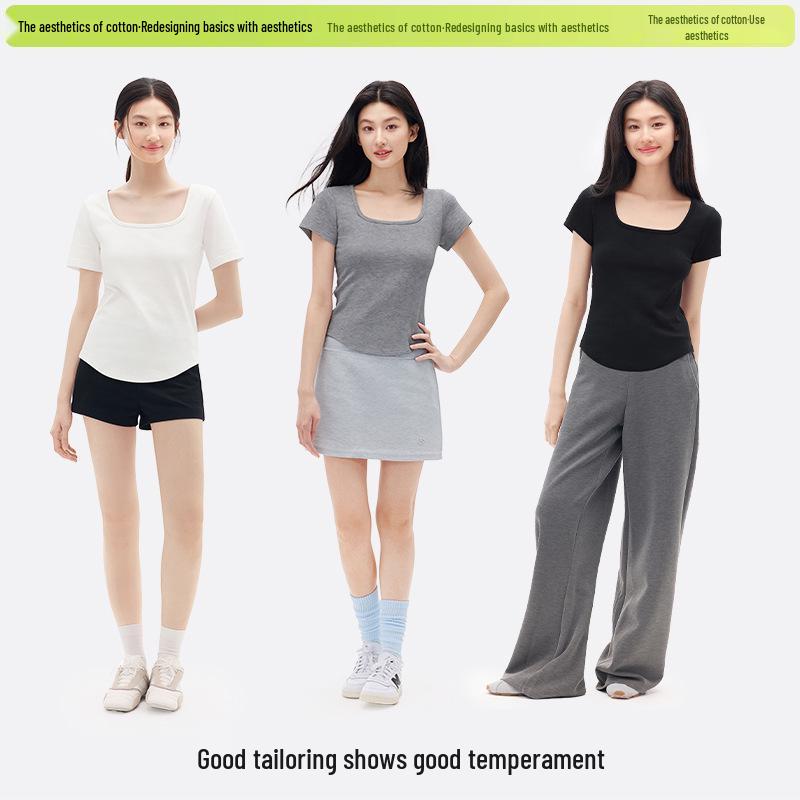 Cotton Aesthetics: Women's Slim Fit Square Neck Short Sleeve Top