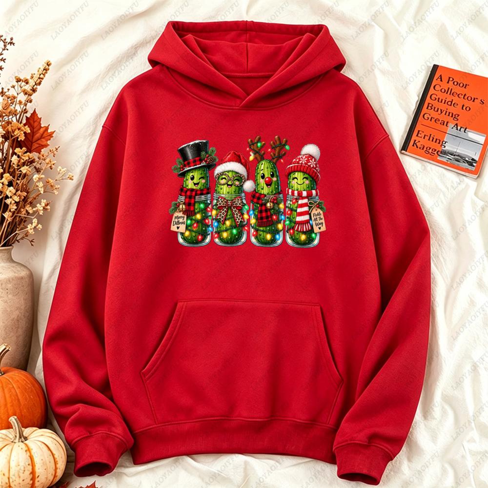 Christmas Pickle Family Funny Pickle Jar Xmas Graphic Hoodie Women Casual Long Sleeve Pullover Humorous Winter Clothes Women