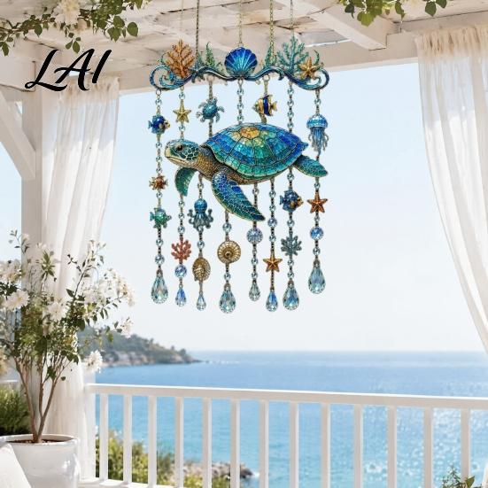 Balcony Hanging Decor Ocean-Themed Wind Chime Decoration Animal Sun Catcher with Faux Crystal Drops Tropical Fish Garden Decoration Stained