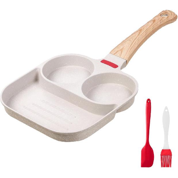 Egg Frying Pan Nonstick - 3 Section Egg Skillet 3-In-1 Divided Breakfast Grill Pan, 7.9 Omelette Pan Compatible with Gas Stove & Induction Cooktops,