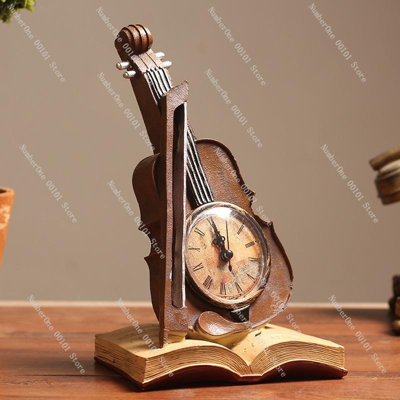 European-Style Table Clock with Violin-Shaped Ornament,Decorative Art Piece for Living Room,Office Desk,and Wine Cabinet