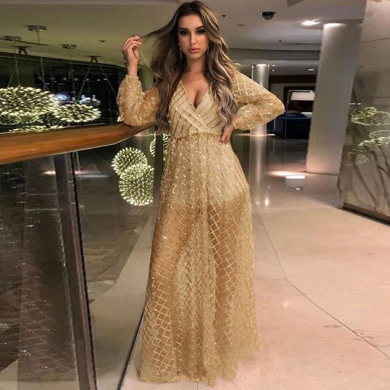 1011 Sommer Neu Europäische und Amerikanische Damenbekleidung Sexy V-Ausschnitt Rückenfreies Kleid Pailletten Netz Abendkleid, Langes Kleid XL gold