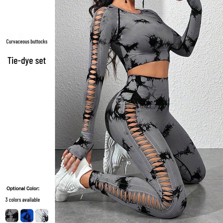 European American Tie-Dye Butt-Lift Yoga Set: Long Sleeve, Seamless Fitness Clothing with Hollow Out Design