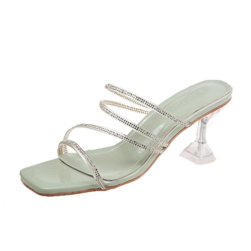 Fashion New Summer Slippers Women's Fashion Square Head Open Toe Rhinestones with A Slip-on Non-slip Wear-resistant High Heels