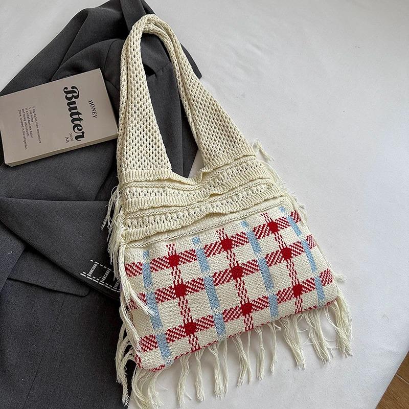 Fashion Crochet Knit Shoulder Tote Bag with Colorful Flower Tassel Womens Shoulder Bag for Vacation Shopping and Daily Outing Ladies' Holiday Gifts