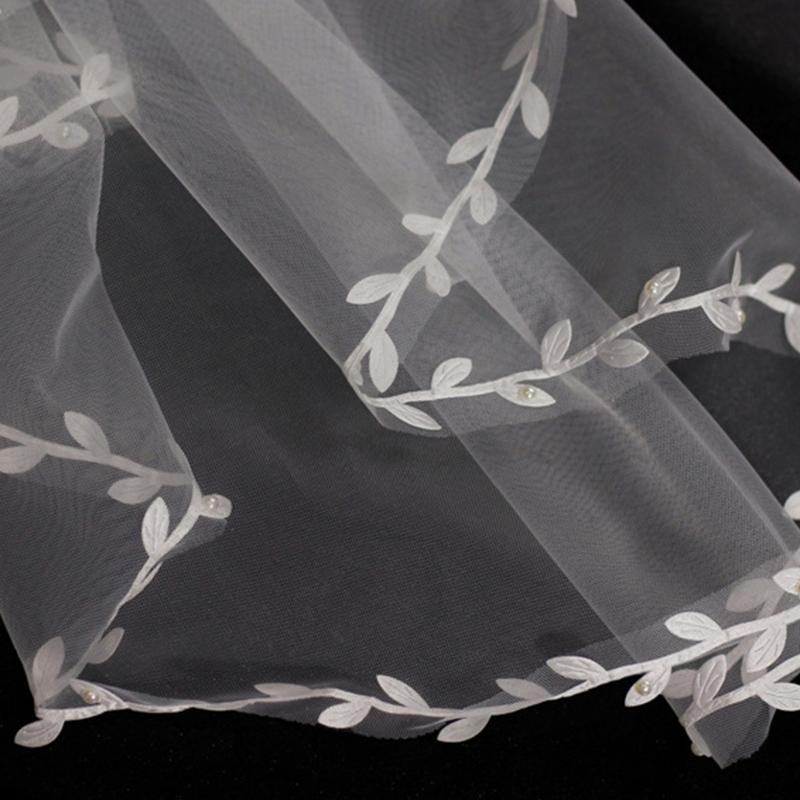 Wedding Veil with Comb Delicate Leaves Embroideries One Layer Long Drop Illusion Tulle Cathedral Length Chapel Veils