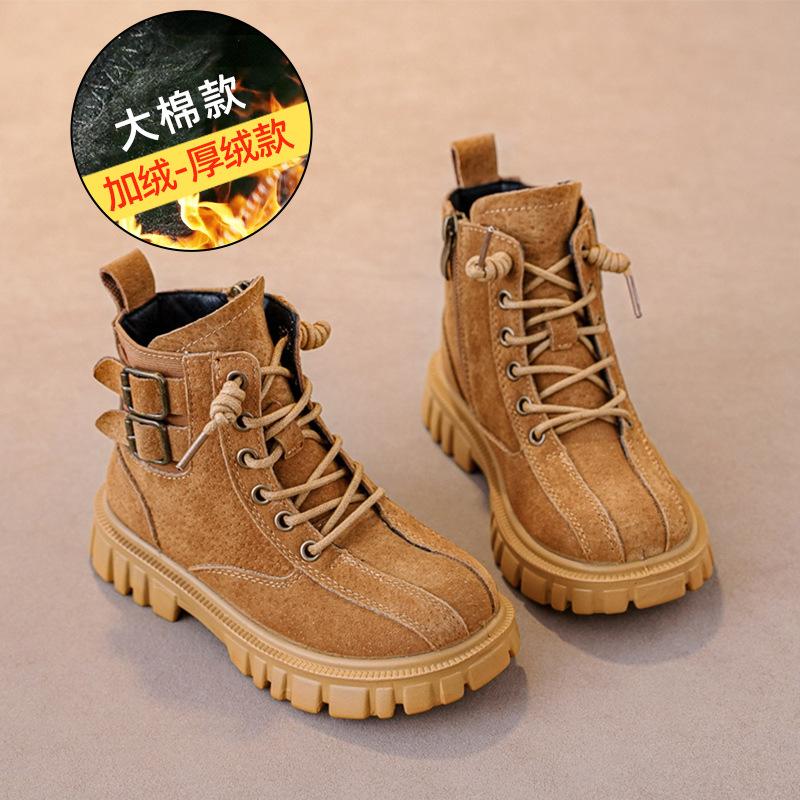 Fashion retro children's Martin boots autumn and winter new leather single boots velvet British style casual non-slip boys short boots