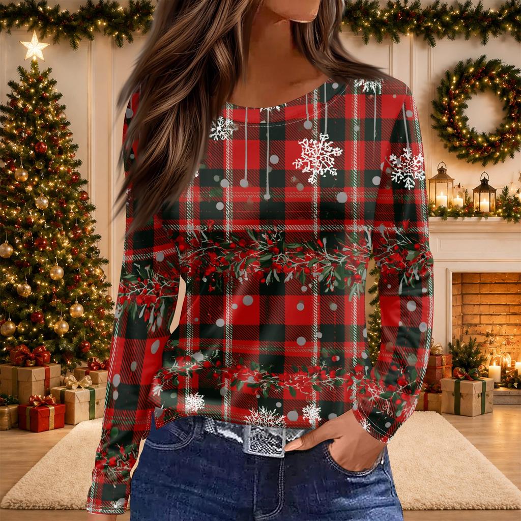 Women's Christmas Print Long Sleeve Top with Side Slit Hem and Round Neck for Holiday Parties