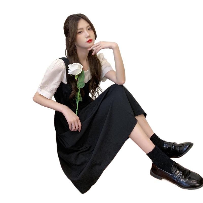 Damen Sommer Faux Zweiteiler Schwarzes Kleid - Französischer Retro, Trägerlang Patchwork Rock