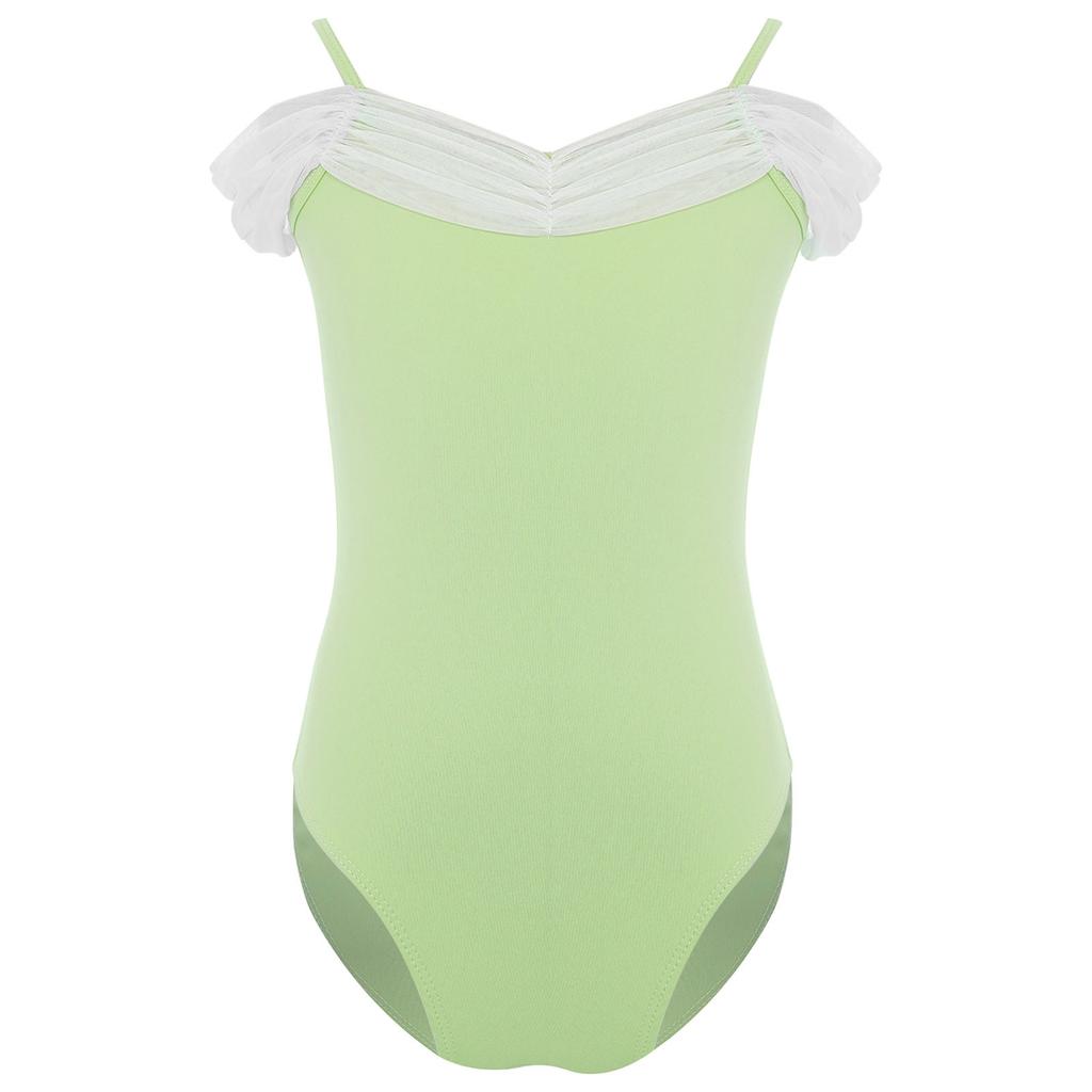 Girls Ballet Gymnastics Performance Leotard Butterfly Back Design Ruched Mesh Collar Spaghetti Straps Dancewear
